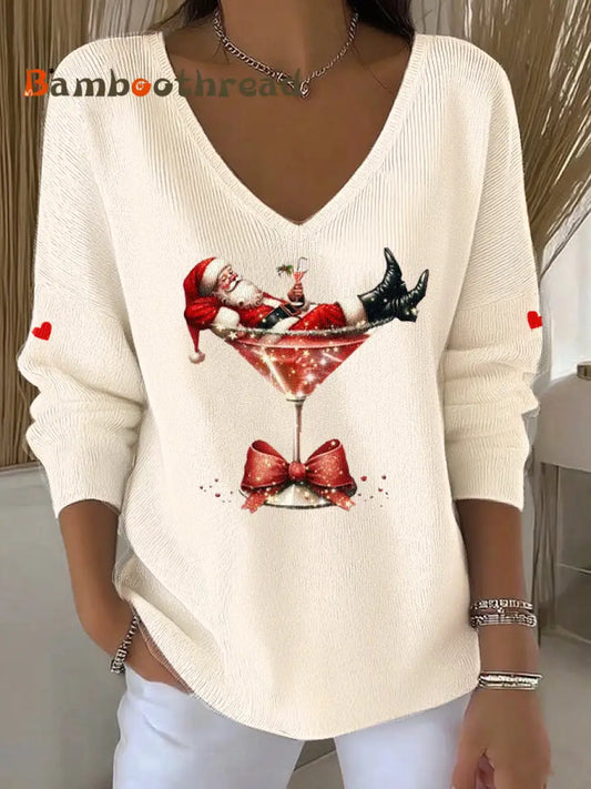 Women’s Santa Claus sitting on a wine glass V-Neck Ribbed Top Beige / S