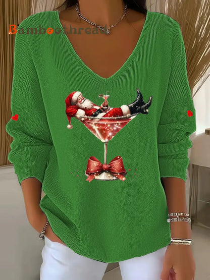 Women’s Santa Claus sitting on a wine glass V-Neck Ribbed Top Green / S