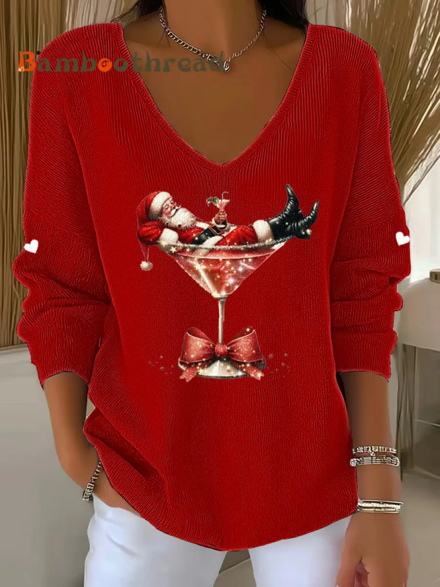 Women’s Santa Claus sitting on a wine glass V-Neck Ribbed Top Red / S