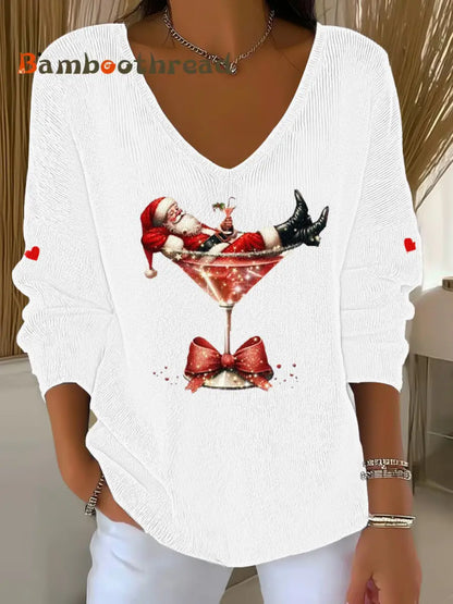 Women’s Santa Claus sitting on a wine glass V-Neck Ribbed Top White / S