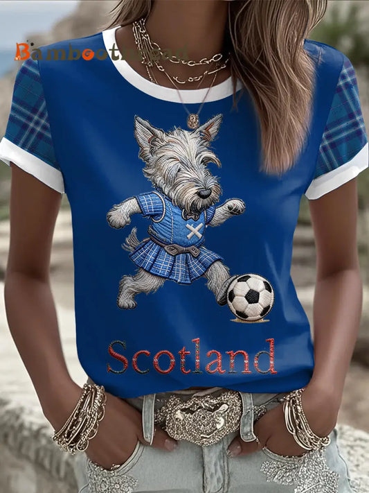 Women’s Scotland Scottie Dog Football Tartan Lover Printed T-shirt Blue / S