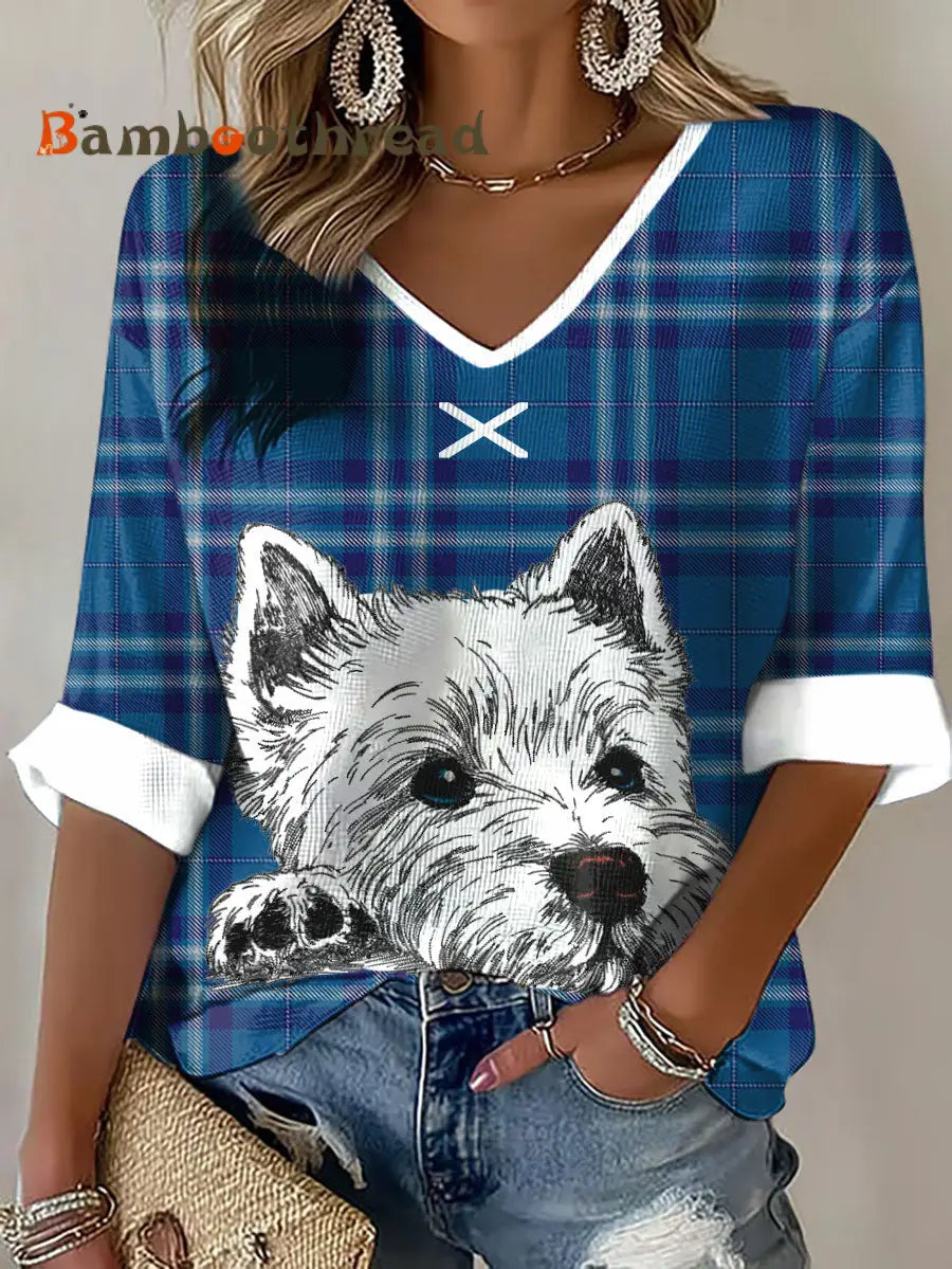 Women’s Scotland Scottie Dog Football Tartan Lover Printed Waffle Tops Blue / S
