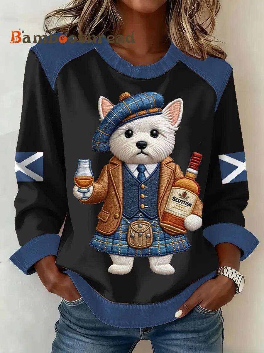 Women’s Scottish Flag West Highland White Terrier Print Patchwork Top Black / S