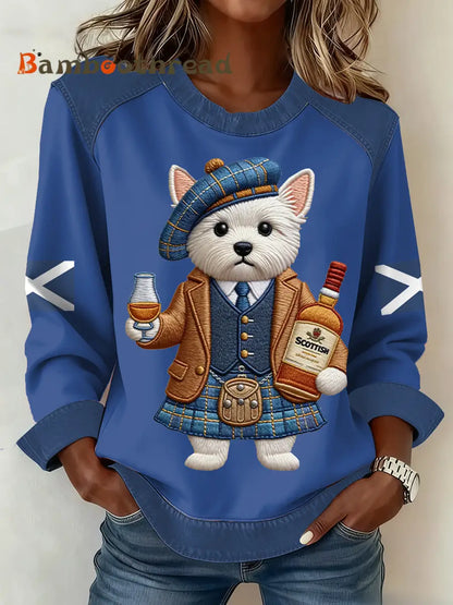 Women’s Scottish Flag West Highland White Terrier Print Patchwork Top Blue / S