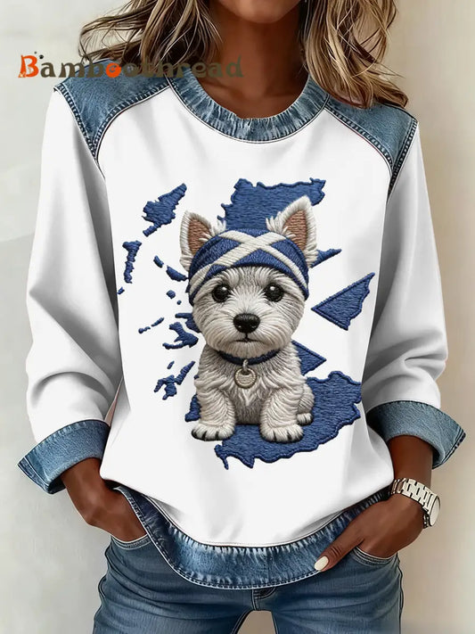 Women’s Scottish West Highland White Terrier Print Denim Patchwork Top White / S