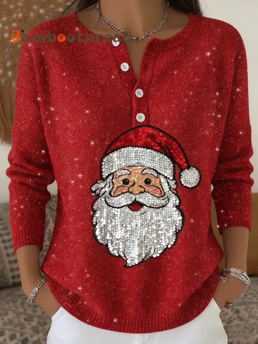 Women’s Shiny Christmas Print Henley Neck Color Sweater Top Red / S
