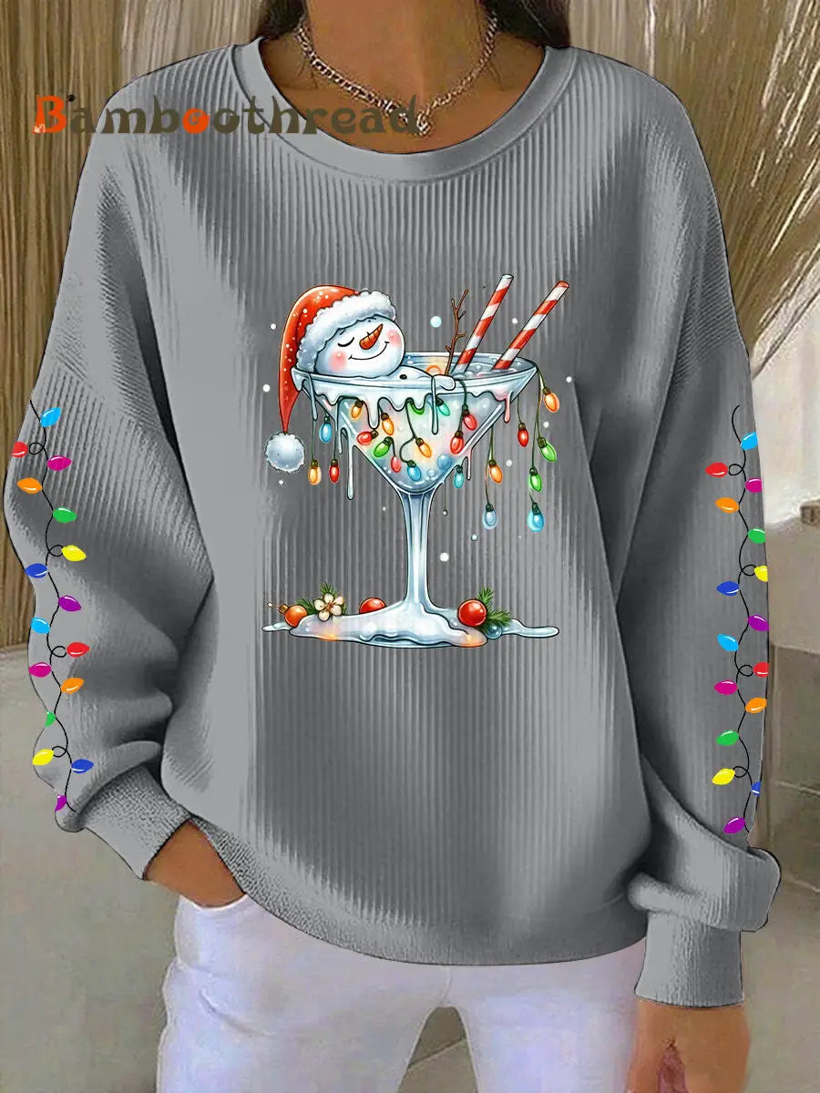 Women’s Snowman Wine Glass Print Casual Sweatshirt Gray / S