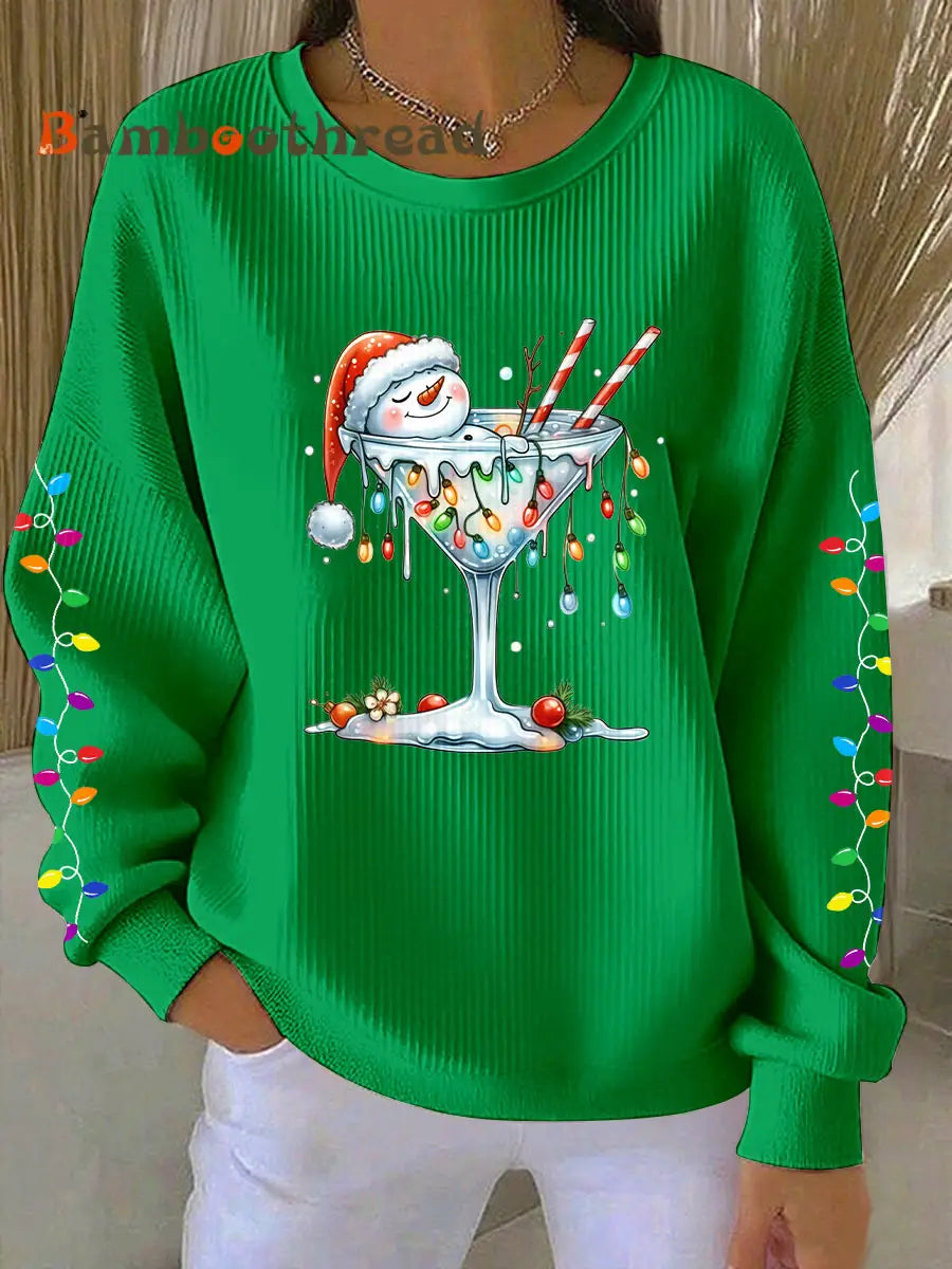 Women’s Snowman Wine Glass Print Casual Sweatshirt Green / S