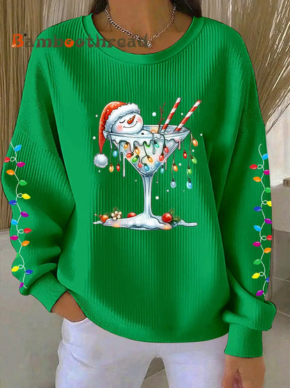 Women’s Snowman Wine Glass Print Casual Sweatshirt Green / S