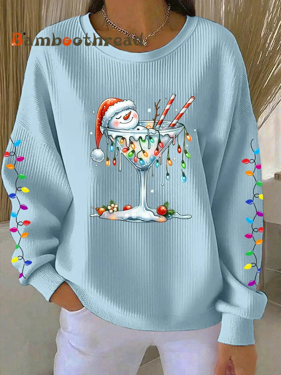 Women’s Snowman Wine Glass Print Casual Sweatshirt Light Blue / S