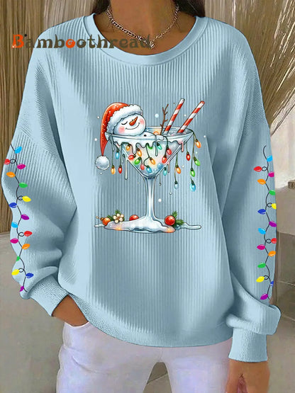Women’s Snowman Wine Glass Print Casual Sweatshirt Light Blue / S