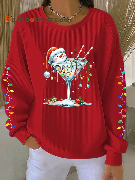 Women’s Snowman Wine Glass Print Casual Sweatshirt Red / S