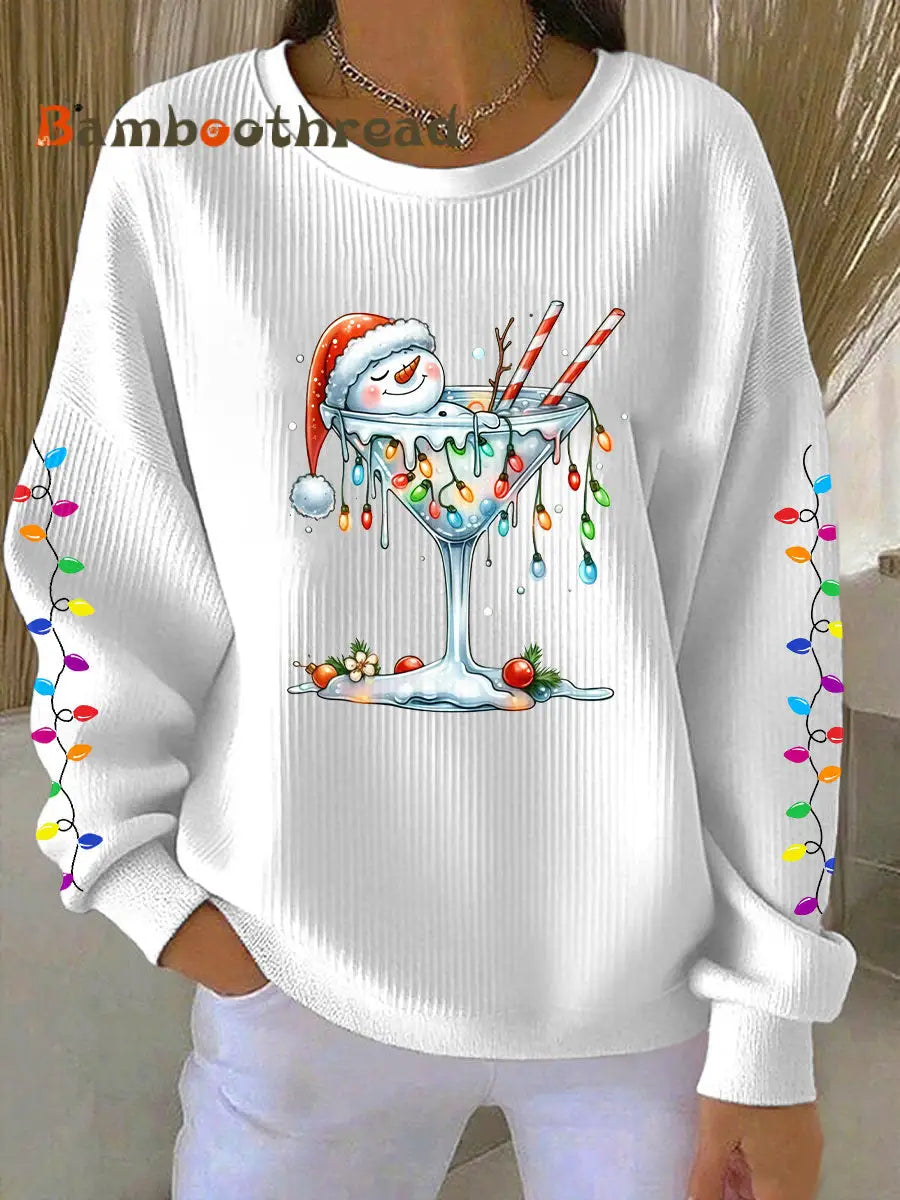 Women’s Snowman Wine Glass Print Casual Sweatshirt White / S