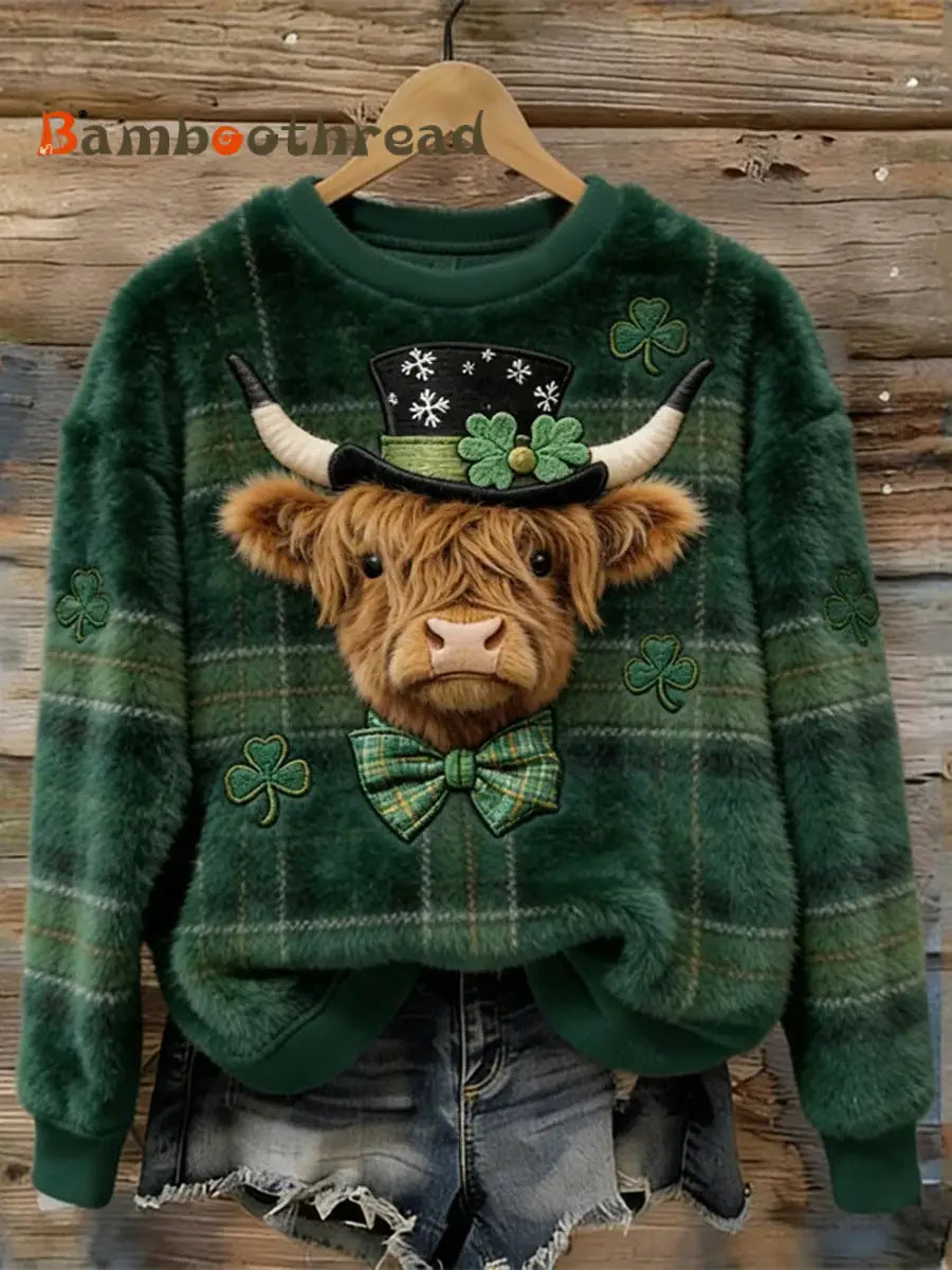 Women’s St. Patrick’s Day Highland Cattle Shamrock Flannel Sweatshirt As picture / S