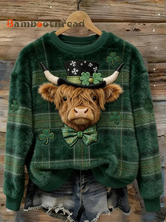 Women’s St. Patrick’s Day Highland Cattle Shamrock Flannel Sweatshirt As picture / S