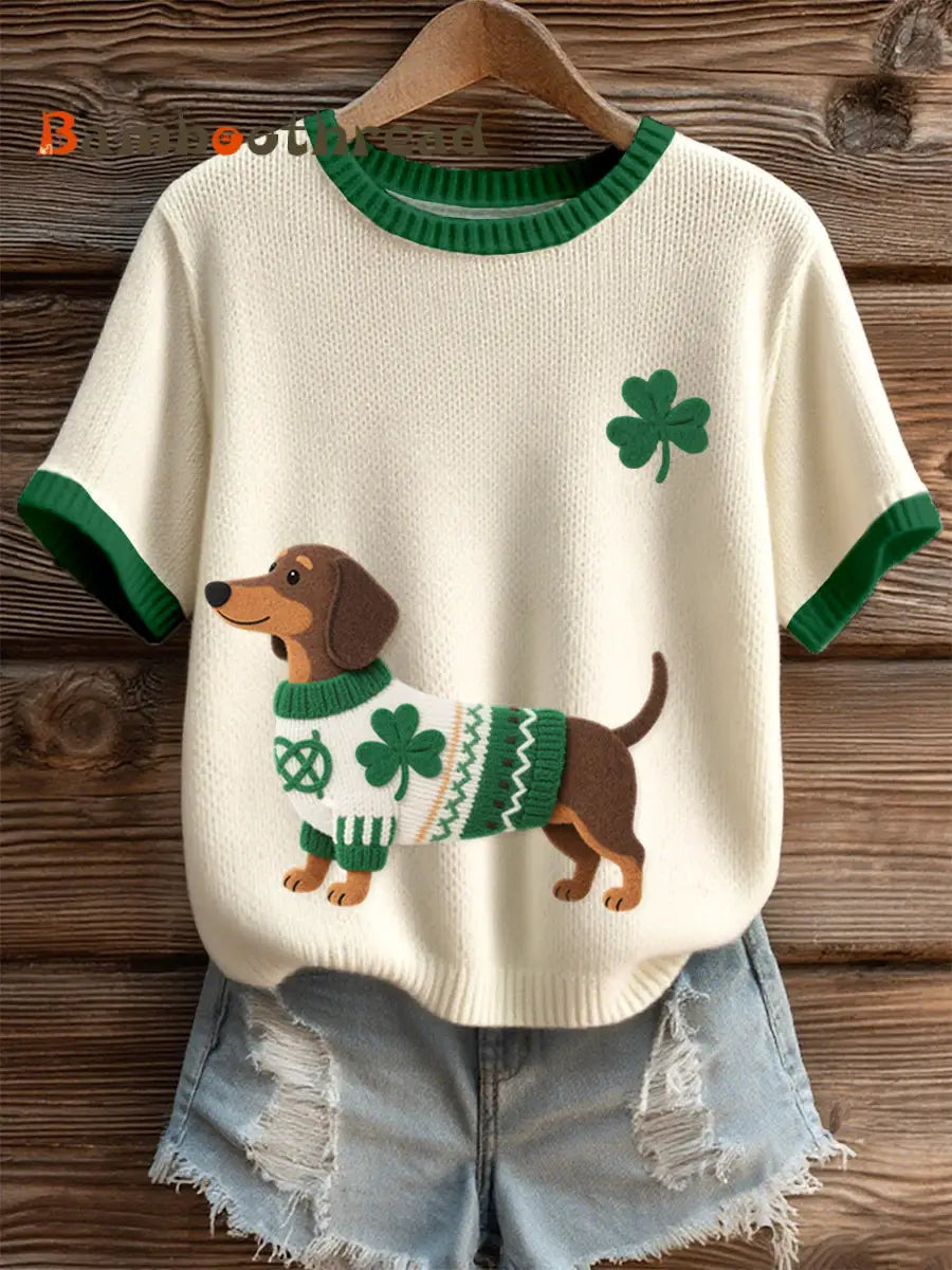 Women’s St. Patrick’s Day Inspired Dachshund Pattern Knit Top Apricot / S