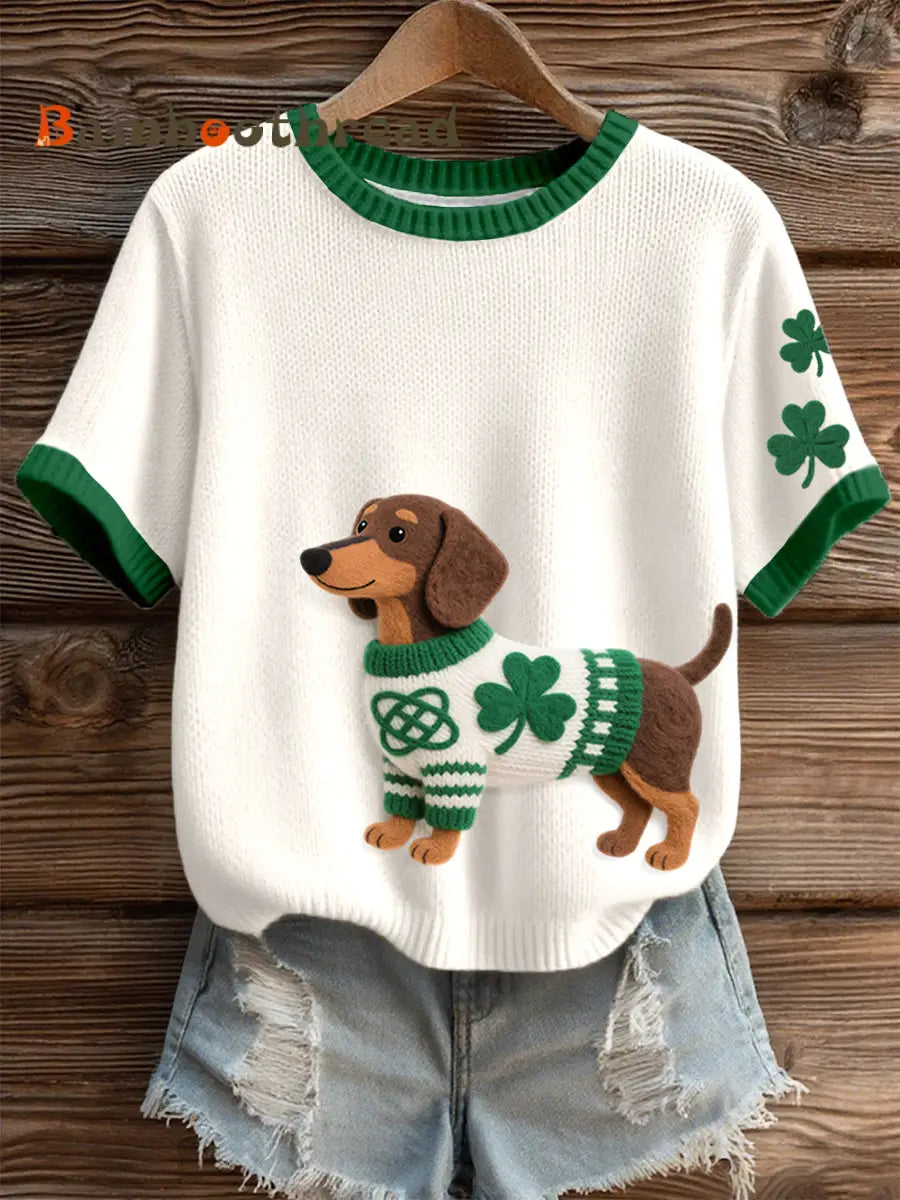 Women’s St. Patrick’s Day Inspired Dachshund Pattern Knit Top Creamy-White / S
