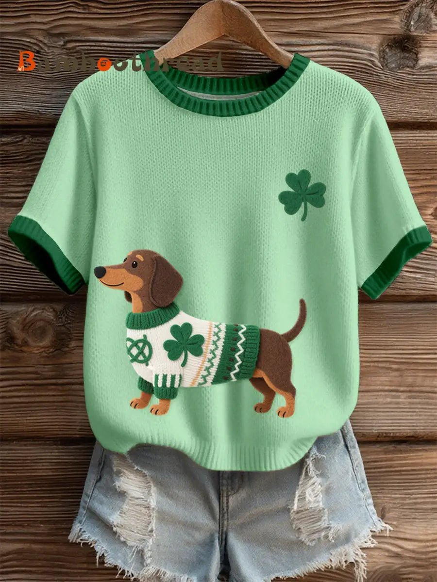 Women’s St. Patrick’s Day Inspired Dachshund Pattern Knit Top Green / S