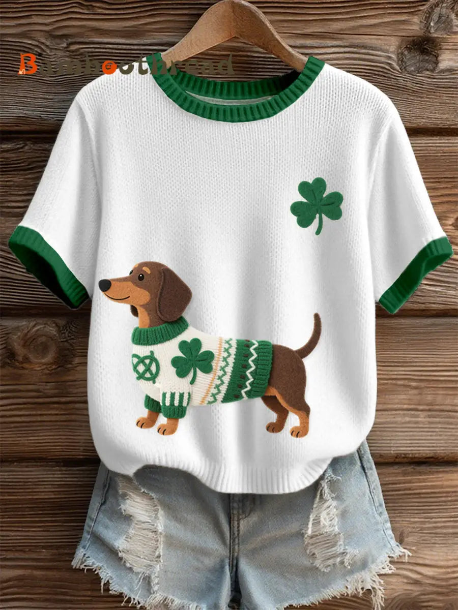 Women’s St. Patrick’s Day Inspired Dachshund Pattern Knit Top White / S