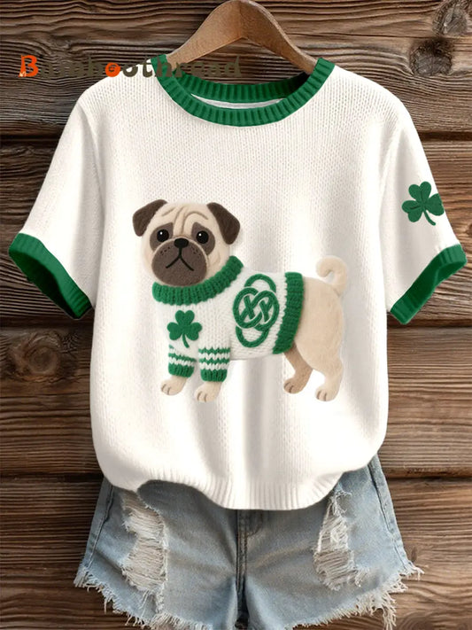 Women’s St. Patrick’s Day Inspired Pug Dog Pattern Knit Top Creamy-White / S