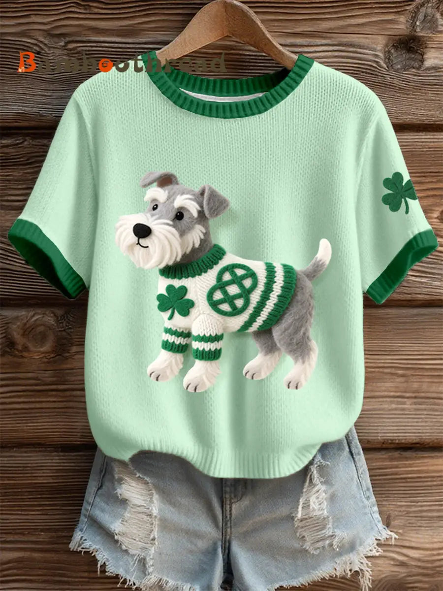 Women’s St. Patrick’s Day Inspired Schnauzer Pattern Knit Top Green / S