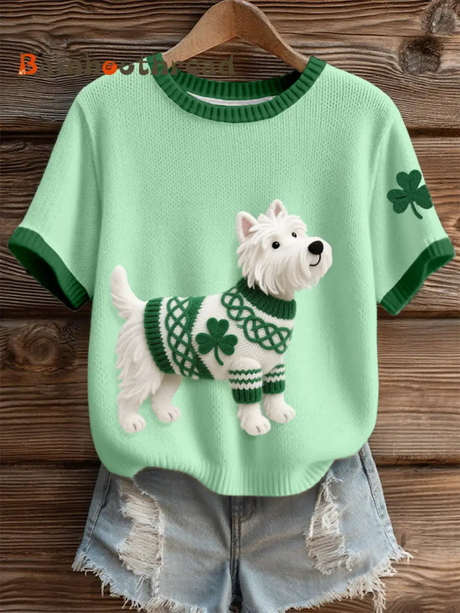 Women’s St. Patrick’s Day Inspired West Highland White Terrier Pattern Knit Top Green / S