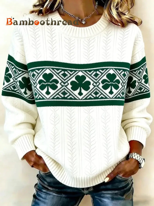 Women’s St Patrick’s Day Shamrock Print Crew Neck Sweater White / S