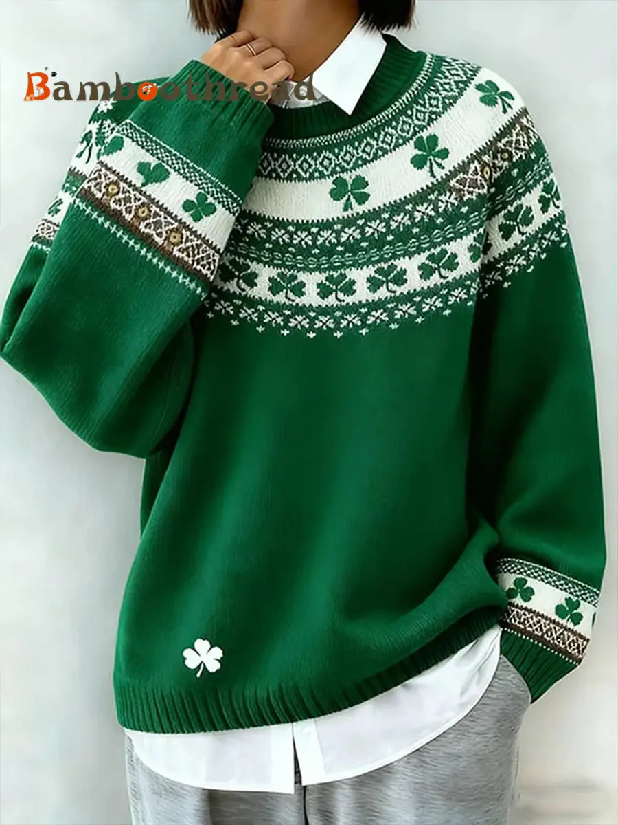 Women’s St. Patrick’s Day Shamrock Print Sweater Green / S