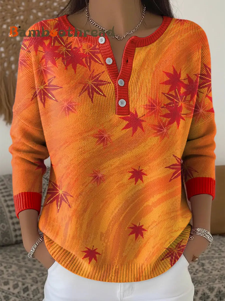 Women’s Thanksgiving Abstract Art Maple Leaf V-Neck Top Multicolour / S