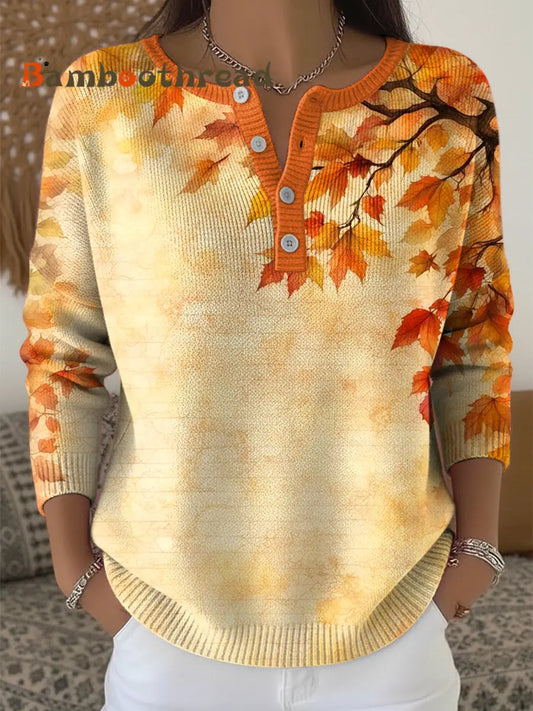 Women’s Thanksgiving Abstract Maple Leaf Texture Art V-Neck Top Multicolour / S