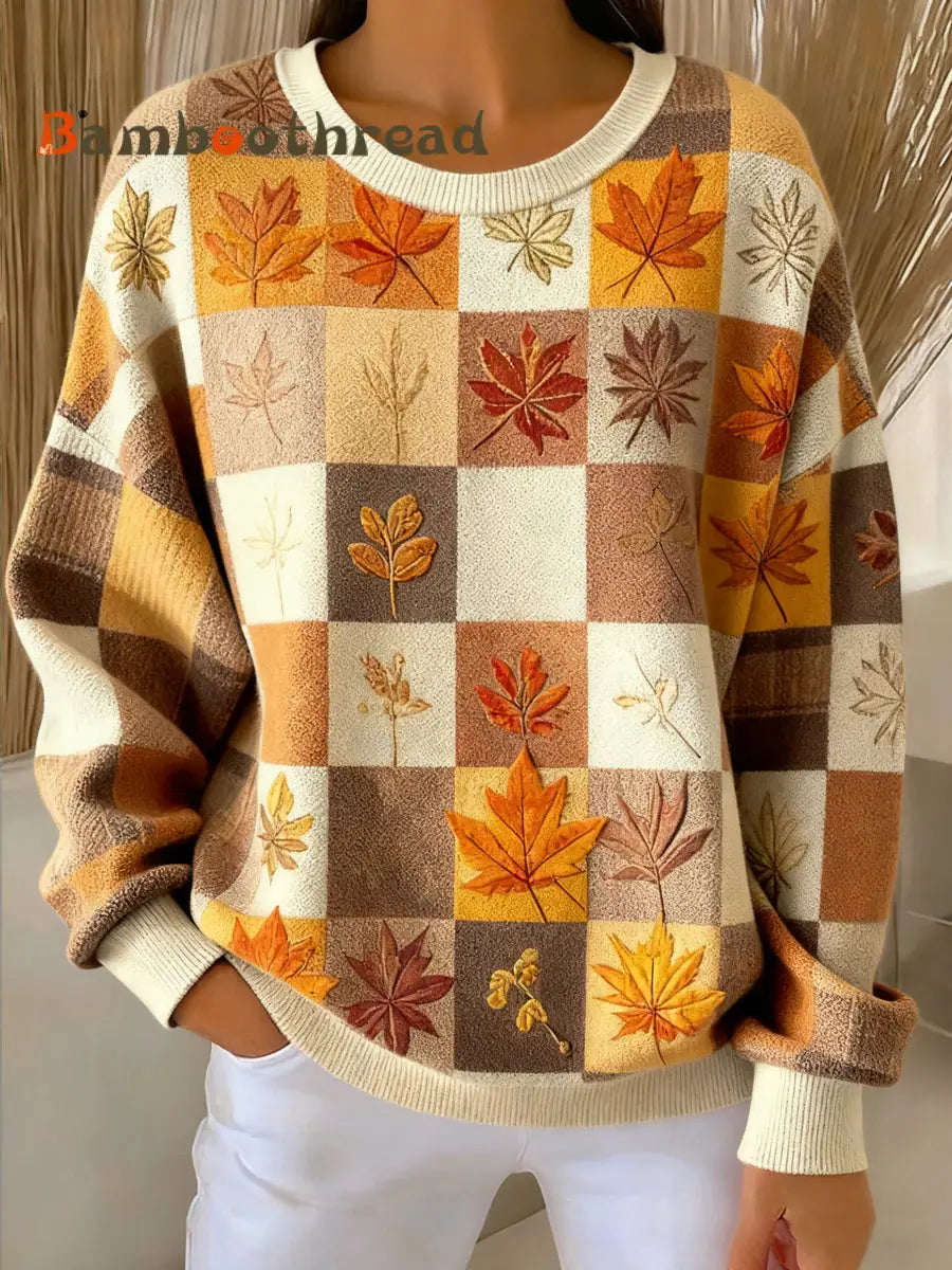 Women’s Thanksgiving Autumn Leaf Geometric Round Neck Pullover Multicolour / S