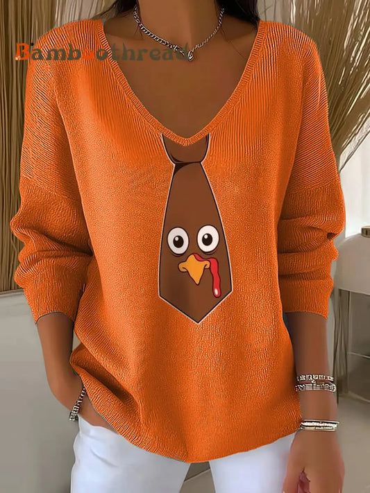 Women’s Thanksgiving Funny Turkey Print V-Neck Top Orange / S