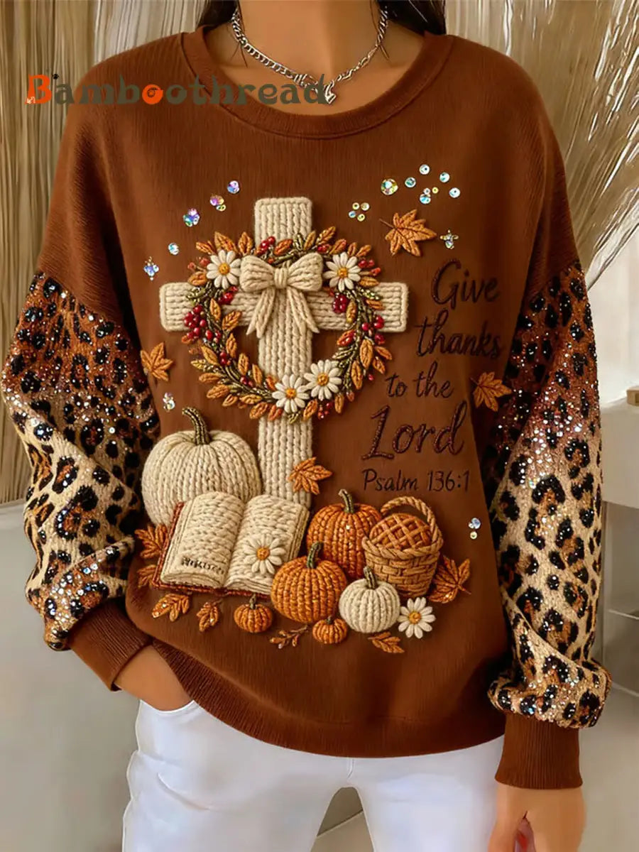 Women’s Thanksgiving Give Thanks To The Lord Cross Ribbed Round-Neck Sweatshirt Coffee / S