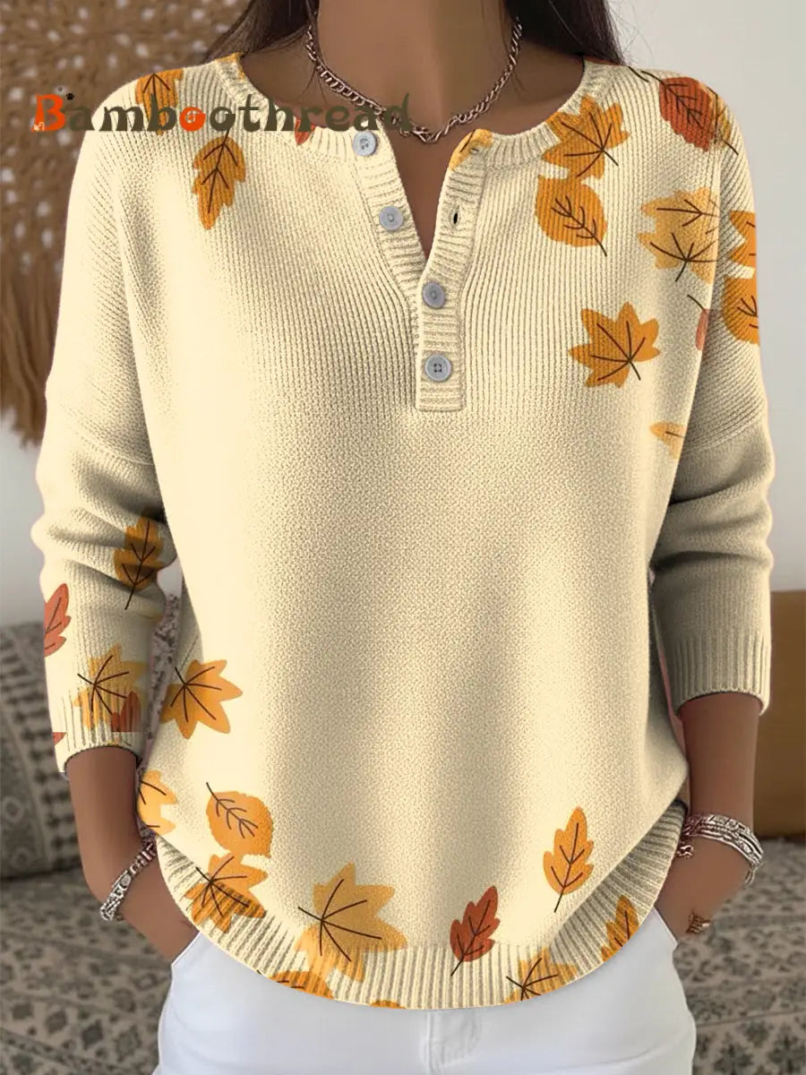 Women’s Thanksgiving Gradient Maple Leaf Art V-Neck Sweater Multicolour / S