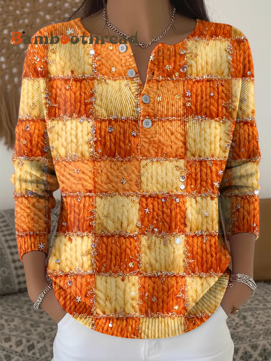 Women’s Thanksgiving Gradient Plaid Art V-Neck Sweater Multicolour / S