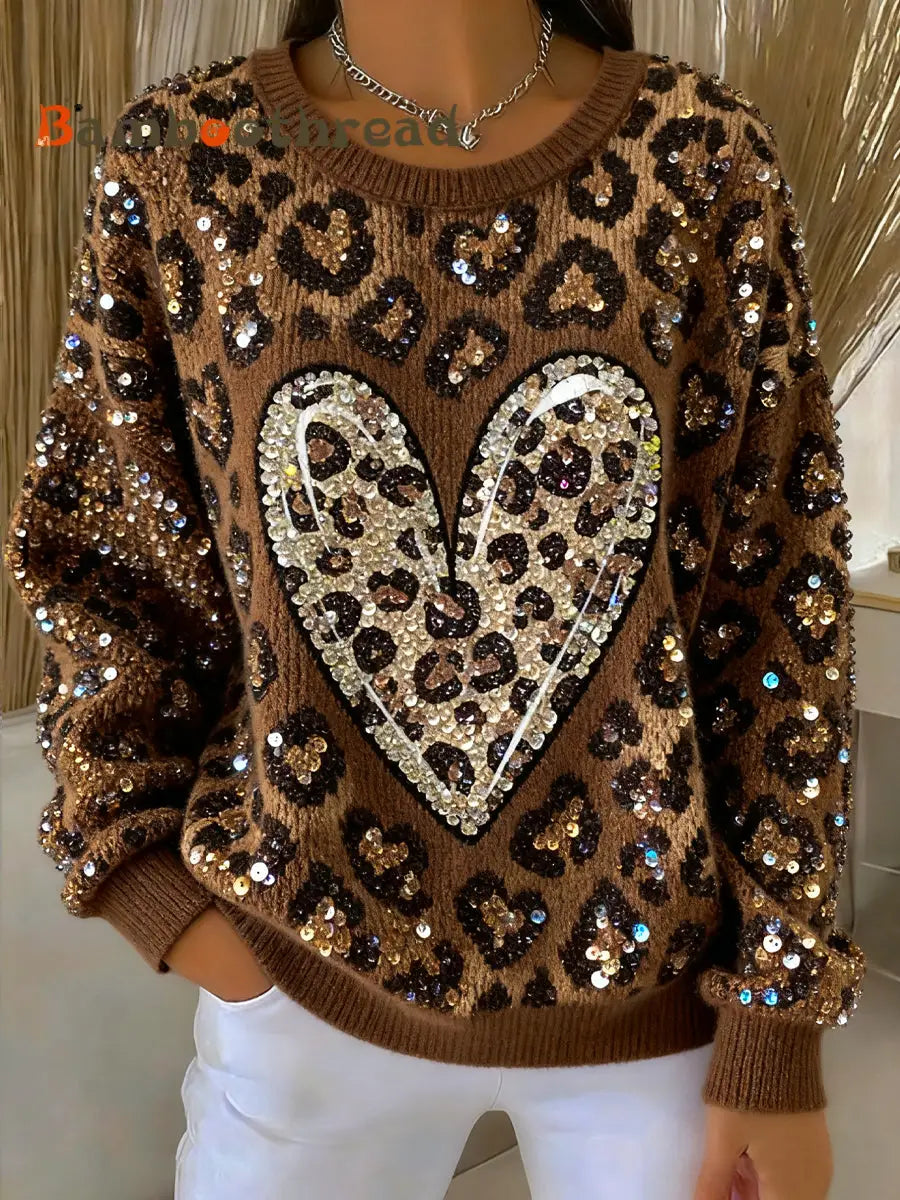 Women’s Thanksgiving Leopard Print Heart Art Crew Neck Pullover Multicolour / S
