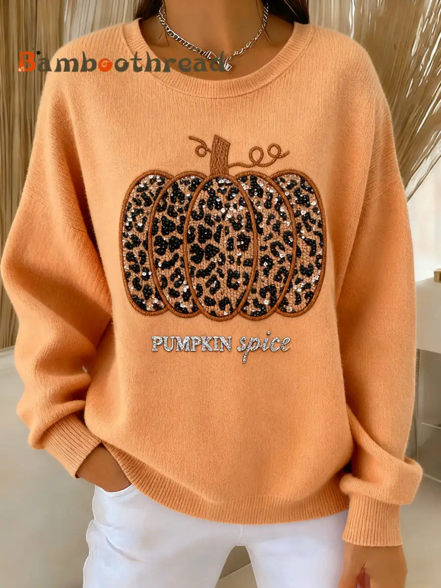 Women’s Thanksgiving Leopard Print Pumpkin Art Crewneck Pullover Multicolour / S