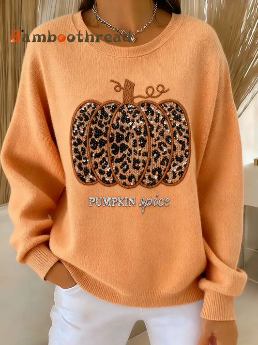 Women’s Thanksgiving Leopard Print Pumpkin Art Crewneck Pullover Multicolour / S
