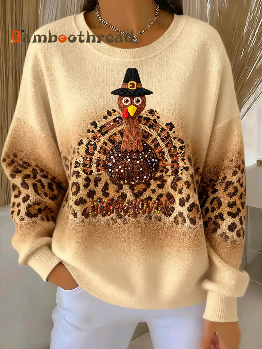 Women’s Thanksgiving Leopard Print Turkey Pullover Brown / S