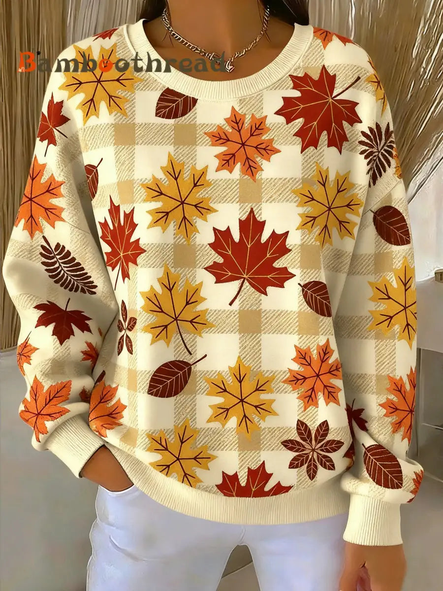 Women’s Thanksgiving Maple Leaf Plaid Artistic Crewneck Pullover Multicolour / S