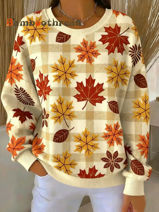 Women’s Thanksgiving Maple Leaf Plaid Artistic Crewneck Pullover Multicolour / S