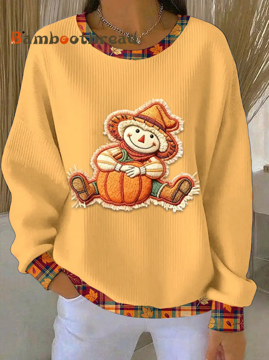 Women’s Thanksgiving Patchwork Print Loose-Fit Crewneck Pullover Orange / S