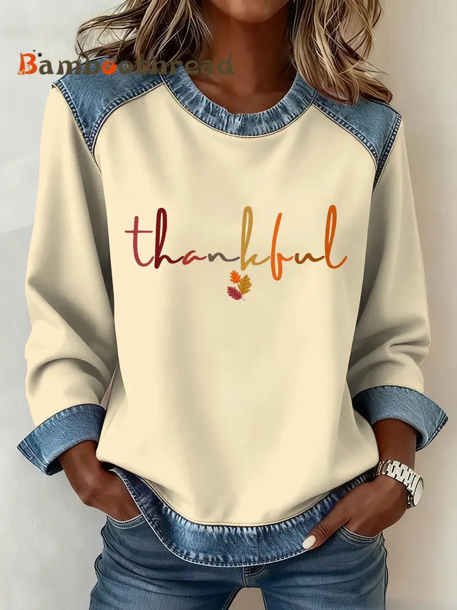 Women’s Thanksgiving Pattern Patchwork Art Sweatshirt Apricot / S