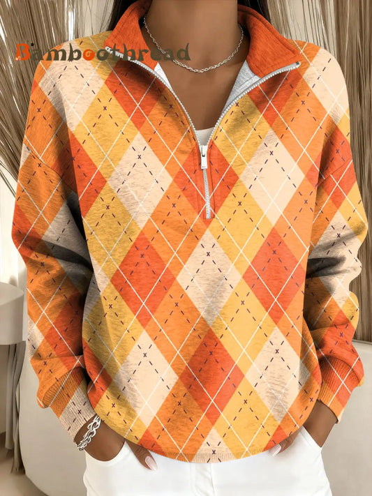 Women’s Thanksgiving Plaid Art Casual Zipper Pullover Multicolour / S