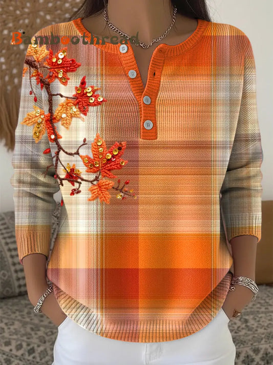 Women’s Thanksgiving Plaid Maple Leaf Art V-Neck Top Multicolour / S
