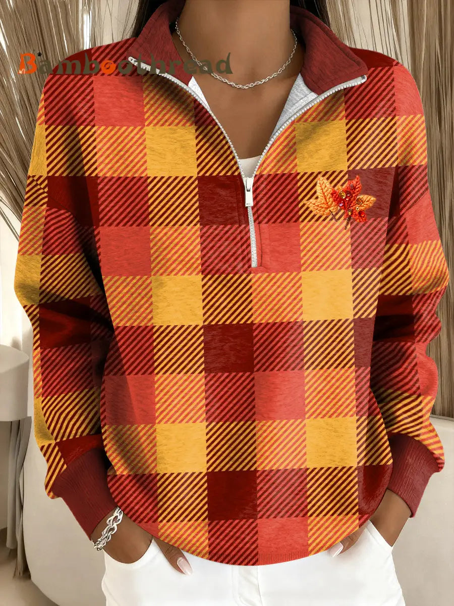 Women’s Thanksgiving Plaid Patchwork Casual Zipper Pullover Multicolour / S
