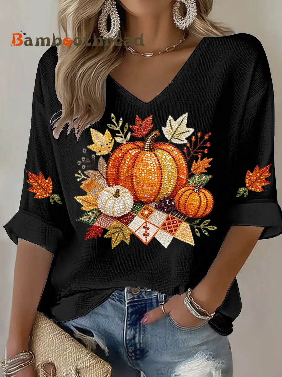 Women’s Thanksgiving Print Casual T-shirt Black / S