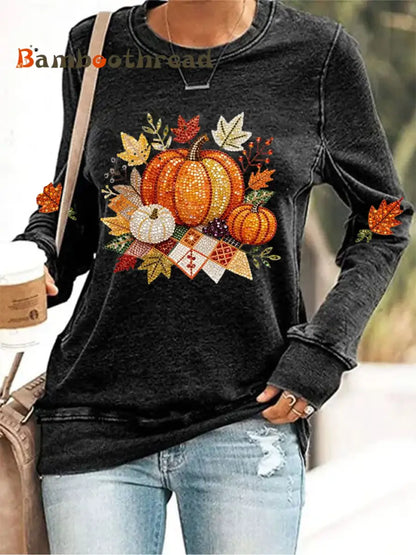 Women’s Thanksgiving Print Sweatshirt Black / S