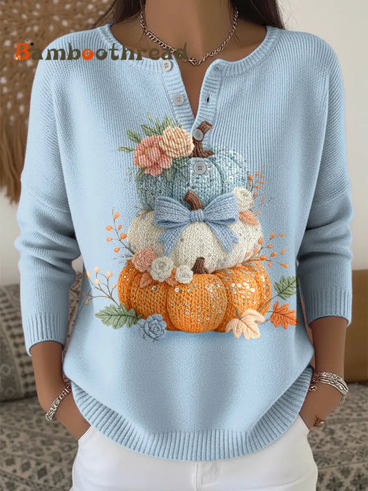 Women’s Thanksgiving Pumpkin Bow Art V-Neck Top Multicolour / S