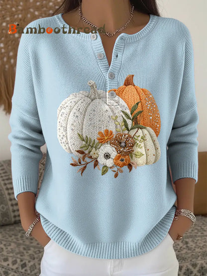 Women’s Thanksgiving Pumpkin Floral Art V-Neck Sweater Multicolour / S